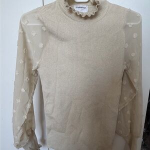 Callahan Beige Blouse with Sheer Polka Dot Sleeves small